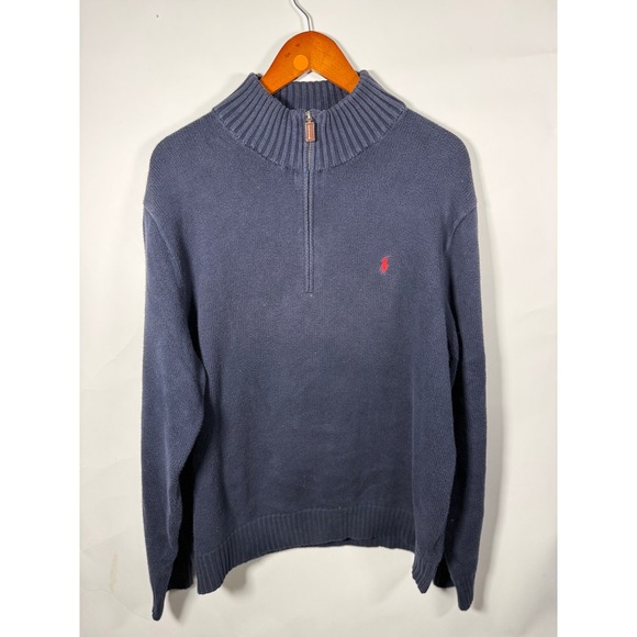Polo Ralph Lauren Mens XL Quarter Zip Sweater Navy Blue Red Pony Logo Cotton - Picture 2 of 8